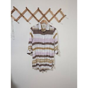 Rachel Zoe 100% Linen Striped Tunic Length Button Down Top - Size M